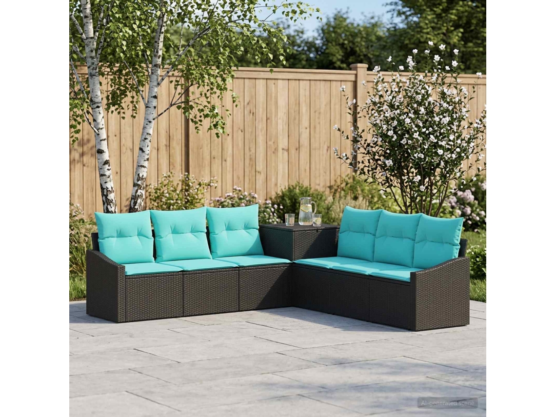 Vidaxl Conjunto De Sofás 7 Unid. Preto E Azul Rattan Poliéster E Aço