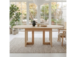 Mesa De Jantar Extensível 160/200×90cm Para 6 A 8 Pessoas Cantos Arredondados, Tampo Espesso Estilo Simples, Pés Em Rotim Cor Carvalho