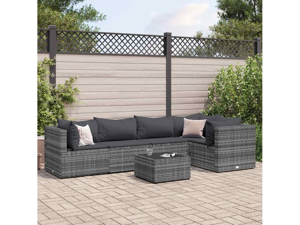 Conjunto Jardim Lounge 6 Peças C/ Almofadões Vime Pe Cinza Dkd Home Decor