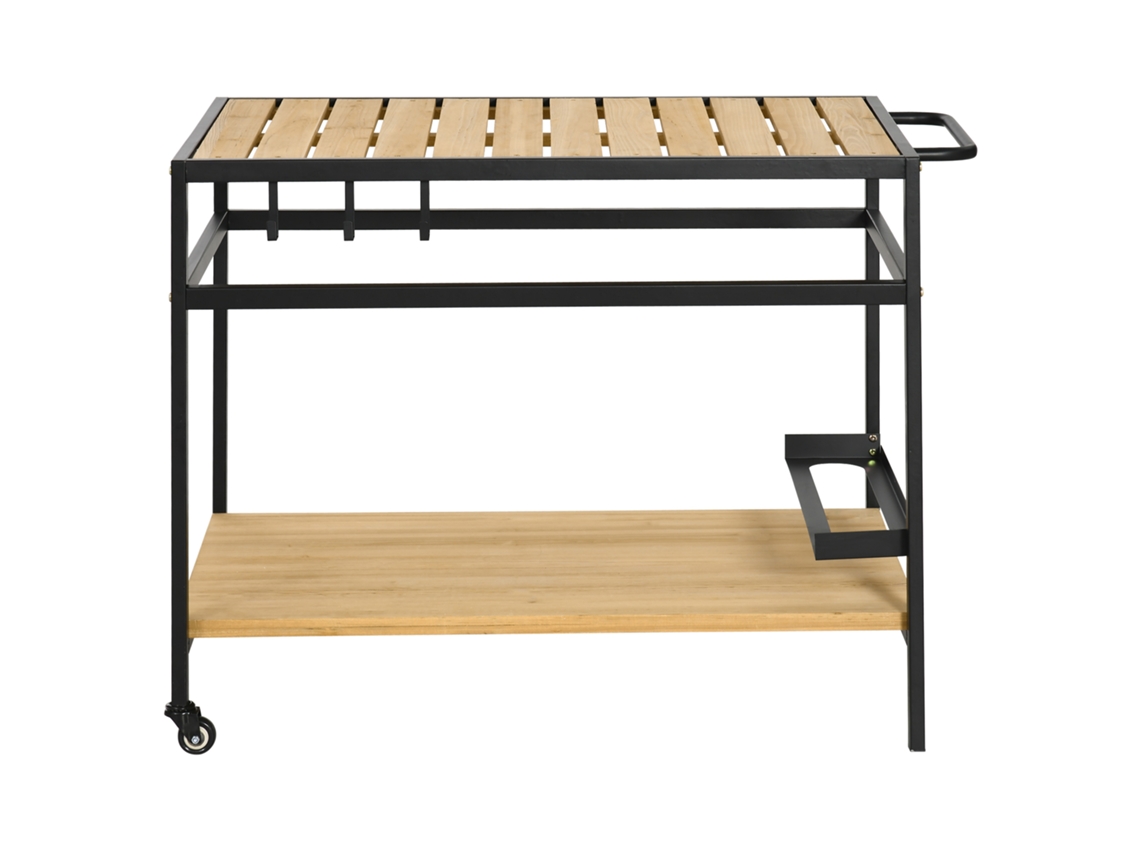 Carrinho Jardim 107x65x80cm Com 2 Prateleiras E 3 Ganchos, Madeira Metal Natural Preto