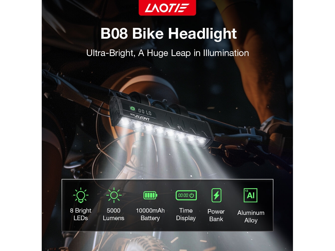 B08 + Lanterna laotie B06 B08 Farol 5000lm 8 Leds Feixe Duplo 10000mah Power Bank Ipx5 4 Modos Display Digital Scooter Mtb