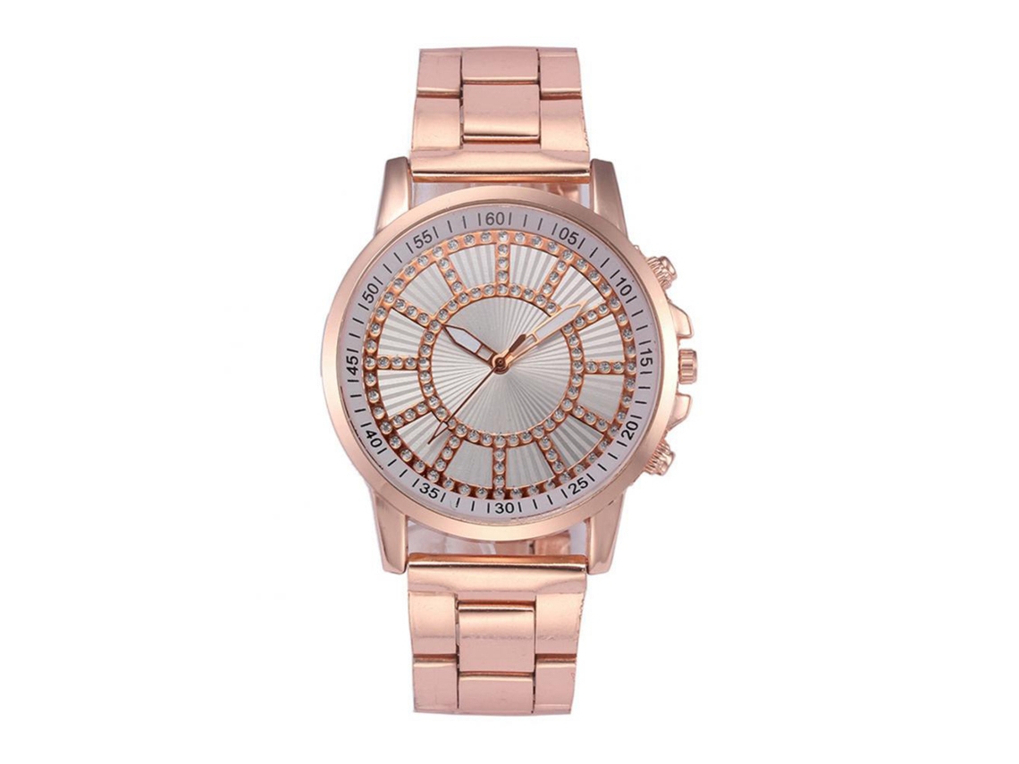 Relógio de pulso unissex casual em aço inoxidável na cor ouro rosa com mecanismo de quartzo e detalhes em strass.