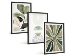Conjunto De Pinturas Motivos Vegetais, Geometria Verde Moldura Preta Quadros Para O Escritório Espelharte (3 Piezas De 40x60 Cm)