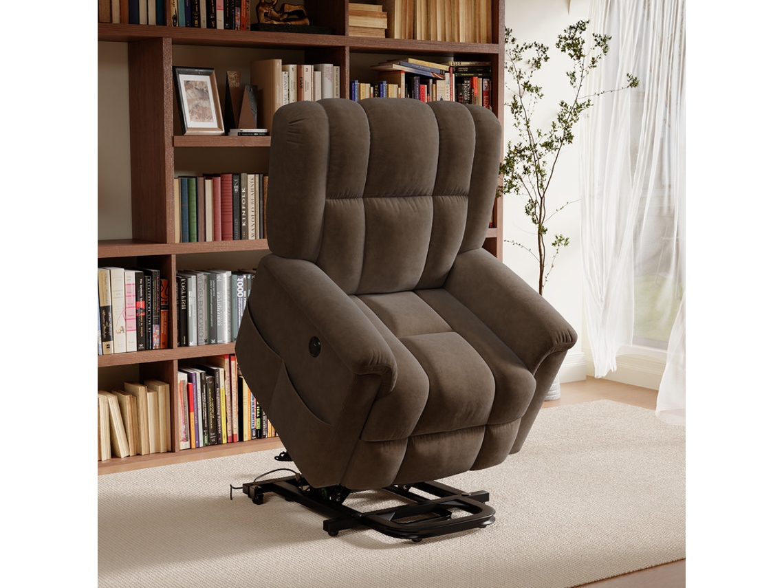 Cadeira de Massagem Elétrica SIMURQ Tecido Felpudo 1 Unidade 87x65cm com Aquecimento e 8 Pontos Poltrona Reclinável de Leitura Castanha para Sala