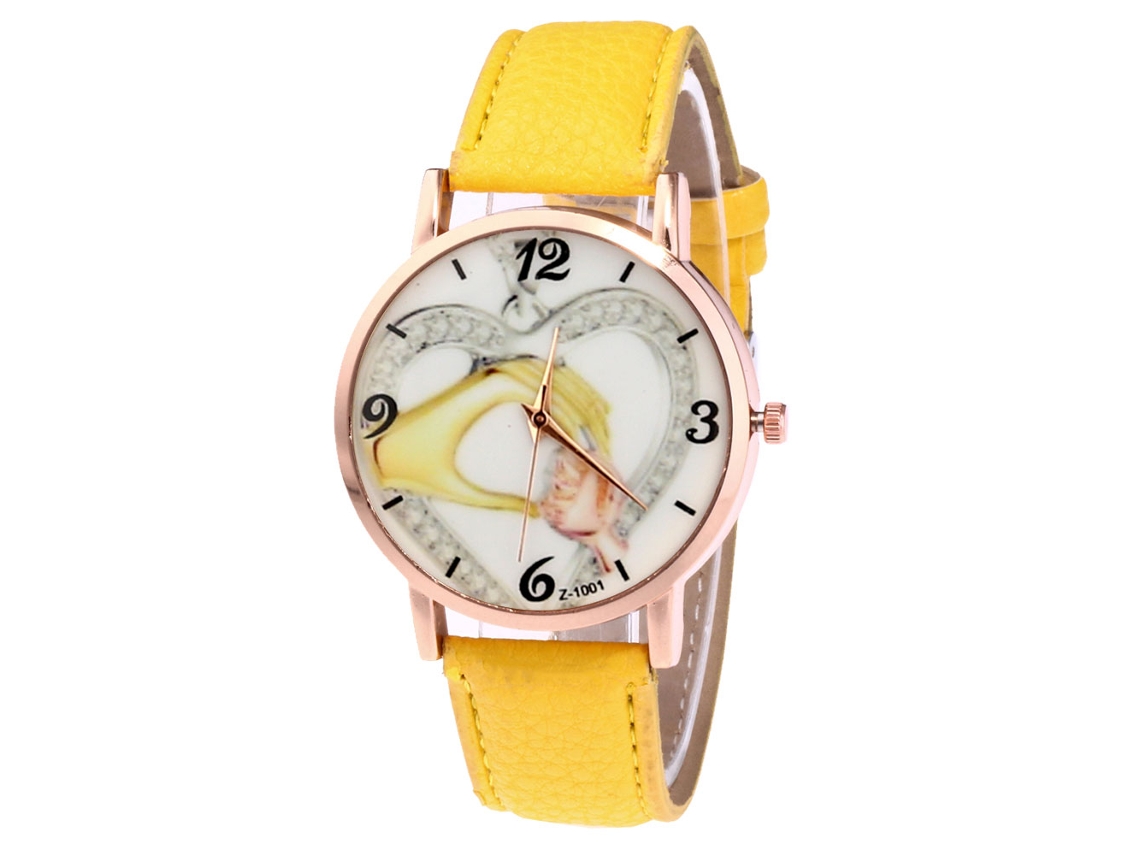 Relógio feminino Zhoulianfa, analógico, de quartzo, com pulseira de PU, amarelo, ideal para presente.