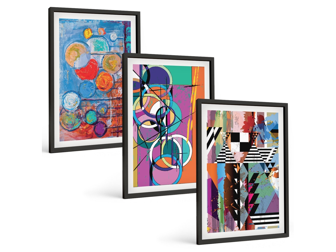 Conjunto De Pinturas Círculos Abstratos Coloridos, Geometria Espelharte (3 Peças 40x60 Cm)