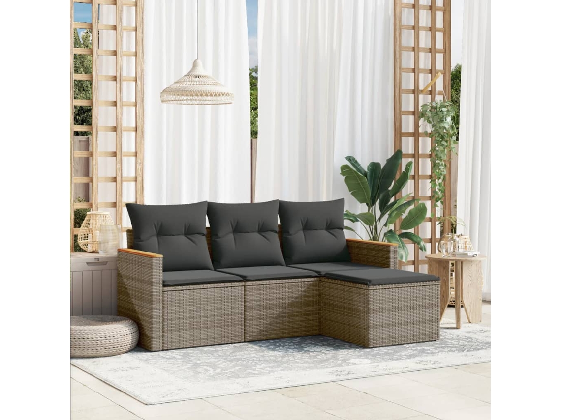 Conjunto de Sofá de Jardim 4 Peças C/ Almofadões Vime Pe Cinzento Dkd Home Decor