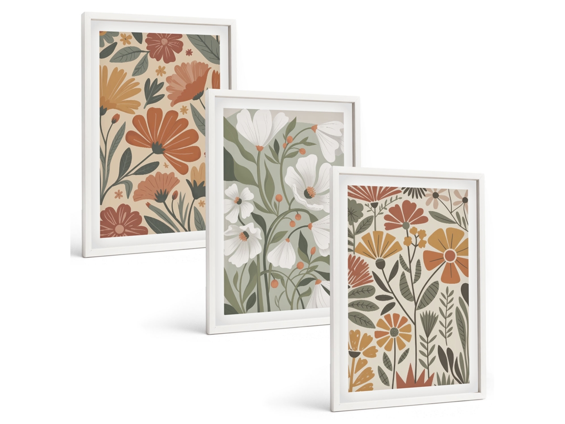 Conjunto De Pinturas Padrões Florais Laranja E Verde Espelharte (3 Peças 40x60 Cm)