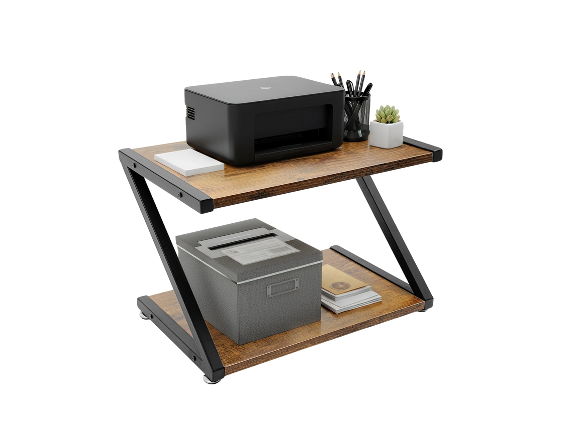 Suporte Para Impressora, Aço Carbono E Mdf, 60 Cm X 40 Cm X 75 Cm, 2 Andares, Preto E Marrom, Em Forma De Z