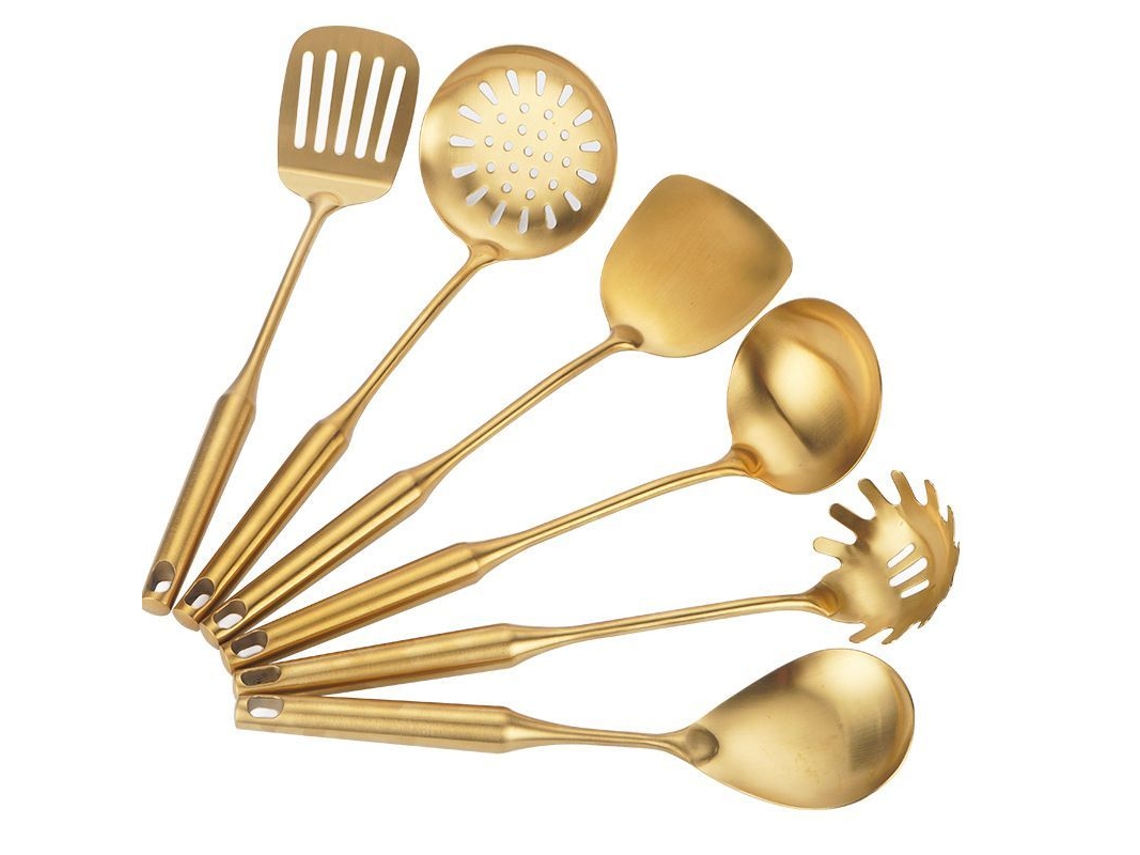 Conjunto Rebe com 6 utensílios de cozinha antiaderentes em aço inoxidável, próprios para lava-louças, resistentes ao calor e portáteis para uso doméstico e em restaurantes.