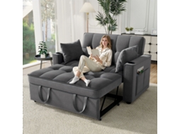 Sofá-cama Rebatível Multi-ângulo Ajustável - 2 Lugares - Tecido De Veludo - Com Suporte Para Copos E Almofadas - Cinzento