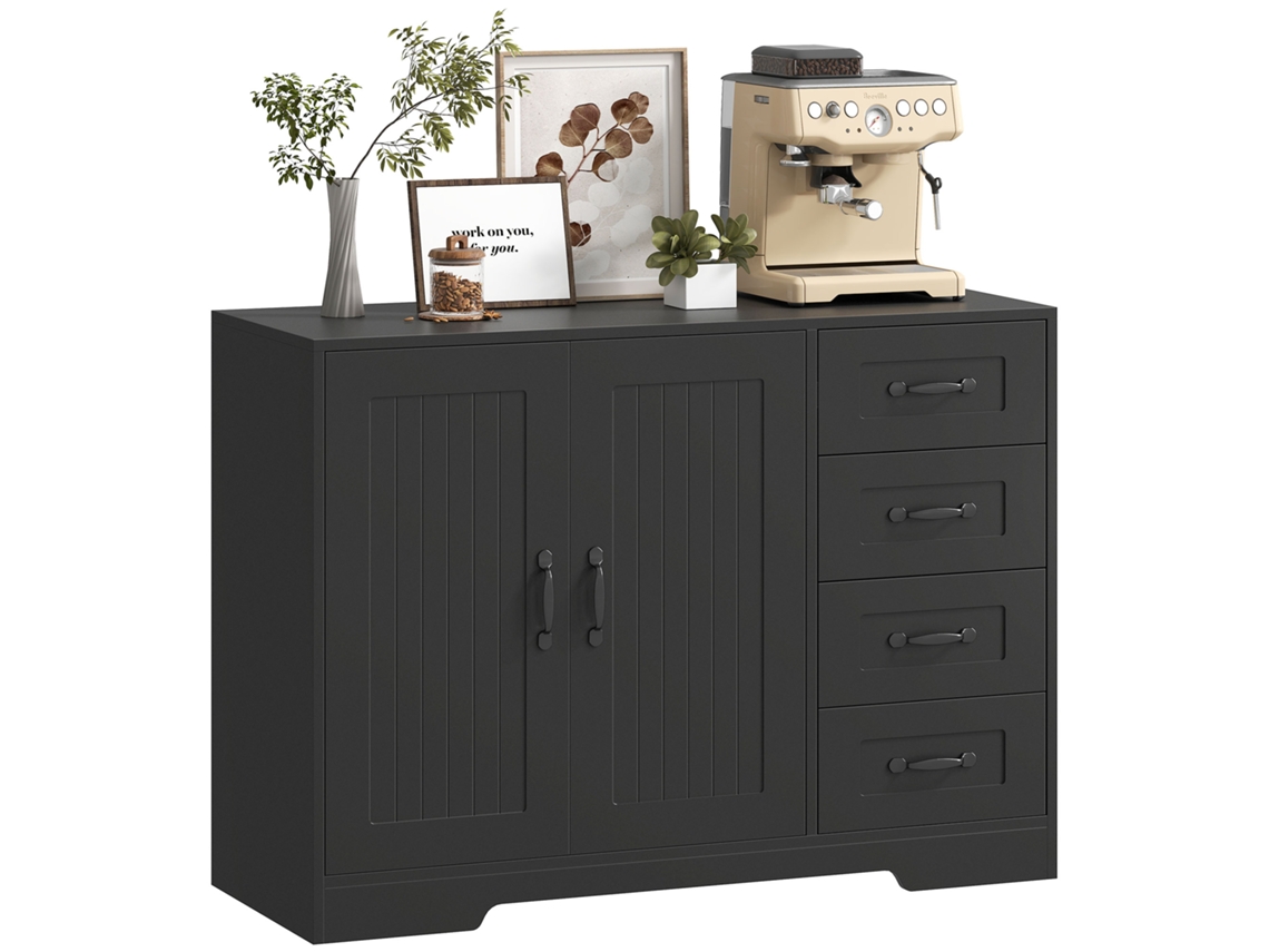 Aparador, Cômoda, Estilo Moderno, 4 Gavetas, 1 Armário, 105 X 40 X 76 Cm, Preto, Com Estrutura Resistente E Durável, Ideal Para Uso Diário E Decoração