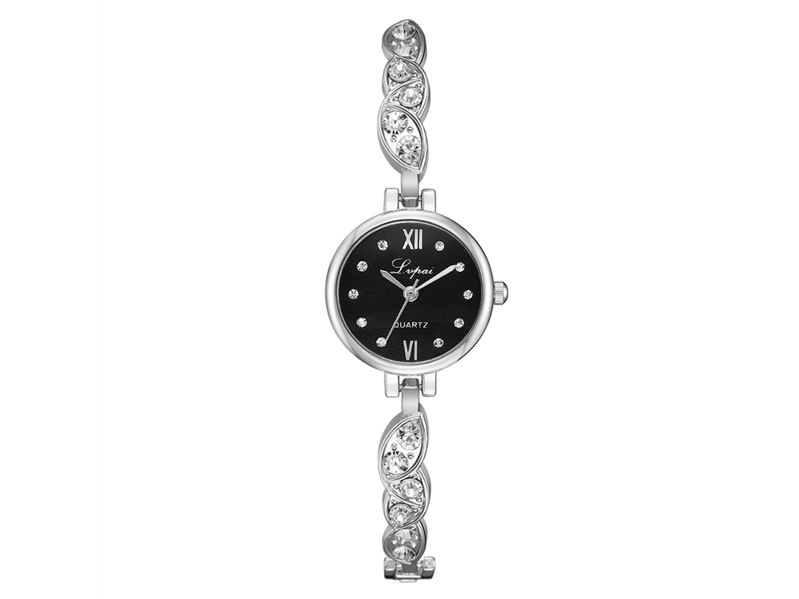 Relógio de Pulso Feminino Casual de Quartzo com Pulseira de Liga Prata Preta