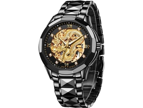 Relógio Mecânico Automático De Ouro Masculino Diamante Relógio Luminoso À Prova Dágua Facpoet (preto)