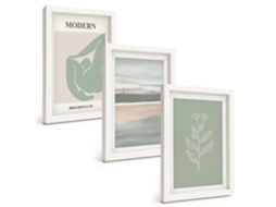Conjunto De Pinturas Formas Abstratas De Plantas Em Tons Pastel Moldura Branca Imagens Para Um Quarto Infantil Espelharte (3 Peças 20x30 Cm)