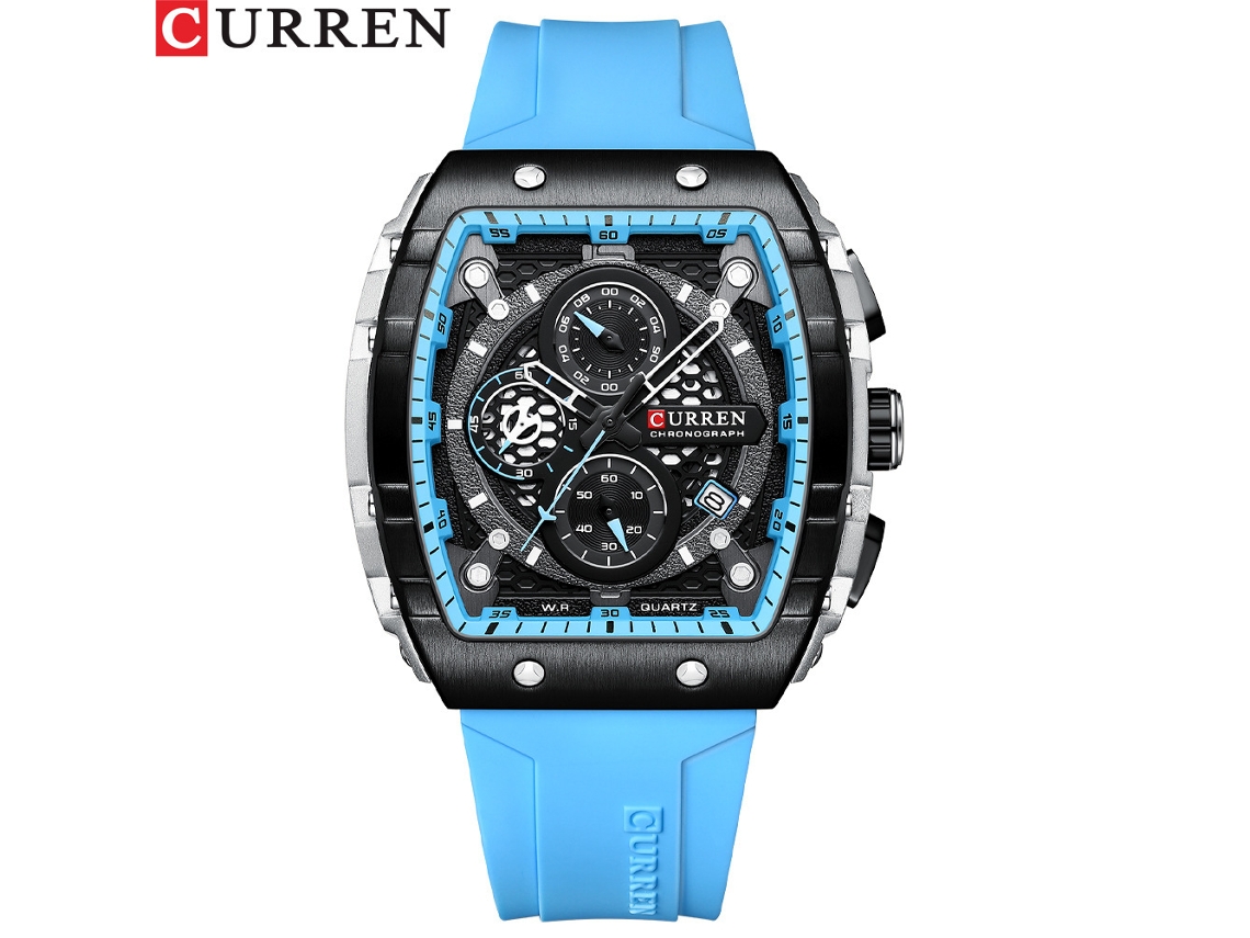 Relógio MDUG masculino de quartzo à prova d'água com seis ponteiros, função de calendário (pulseira azul, caixa prateada, mostrador preto)