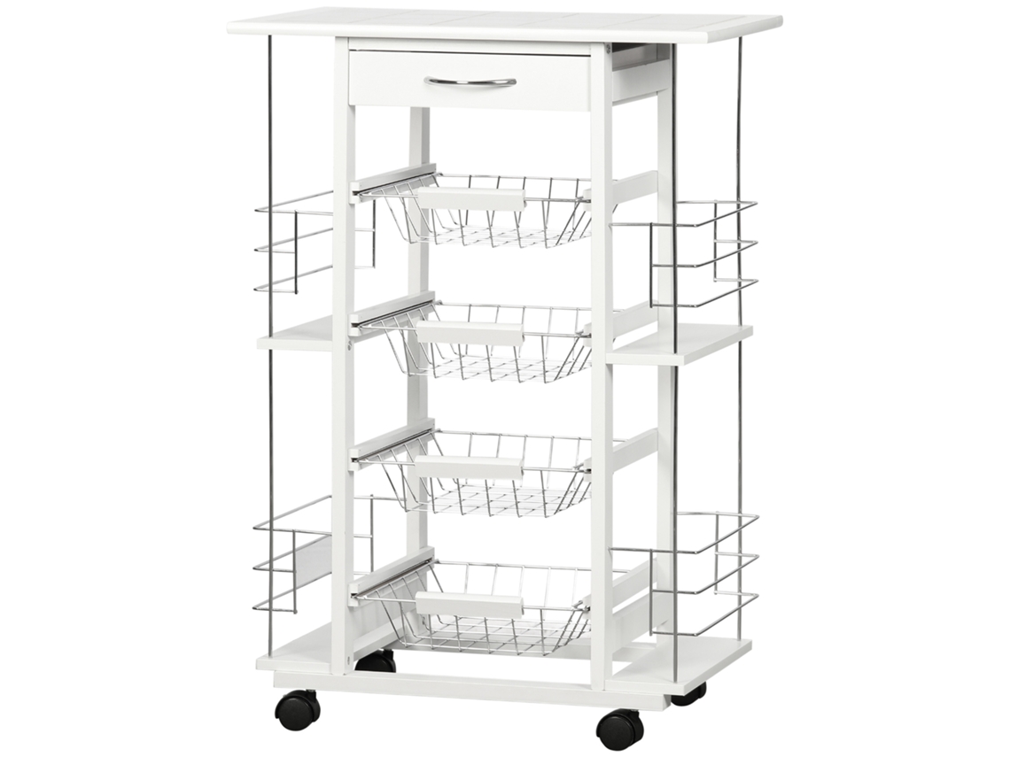Carrinho de cozinha com gavetas, 4 cestos metálicos e 4 suportes laterais Temperos, 57x37x83cm, branco