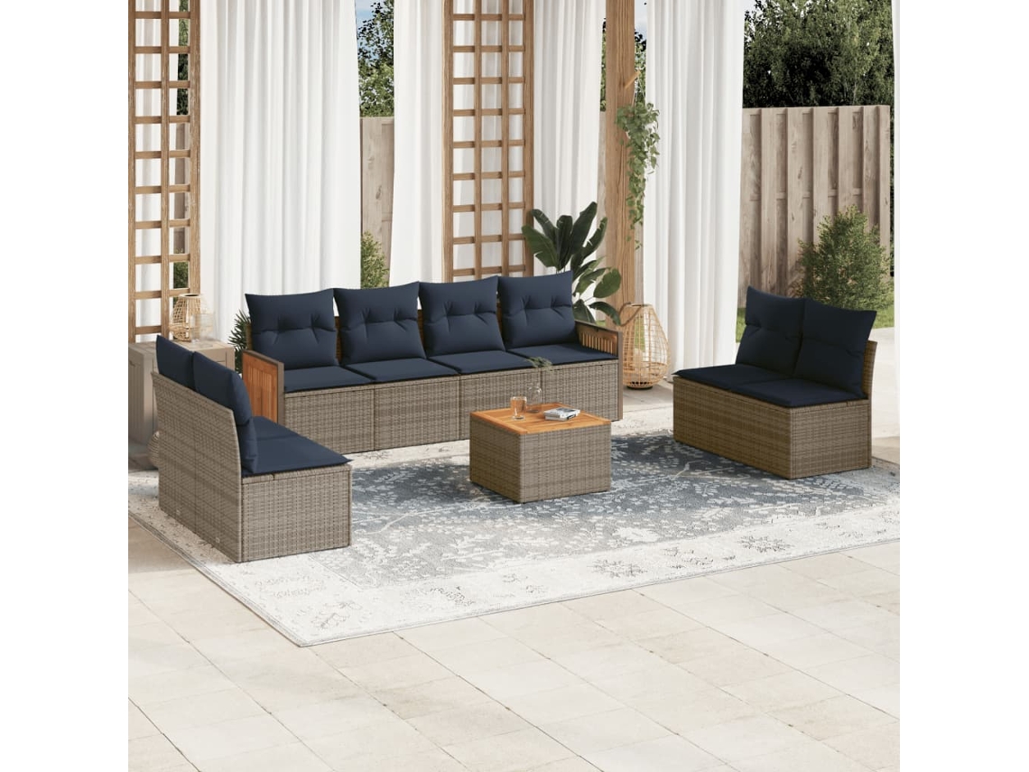 Vidaxl Conjunto De Sofá De Jardim De 9 Peças Com Almofadas Em Rattan Sintético Cinza