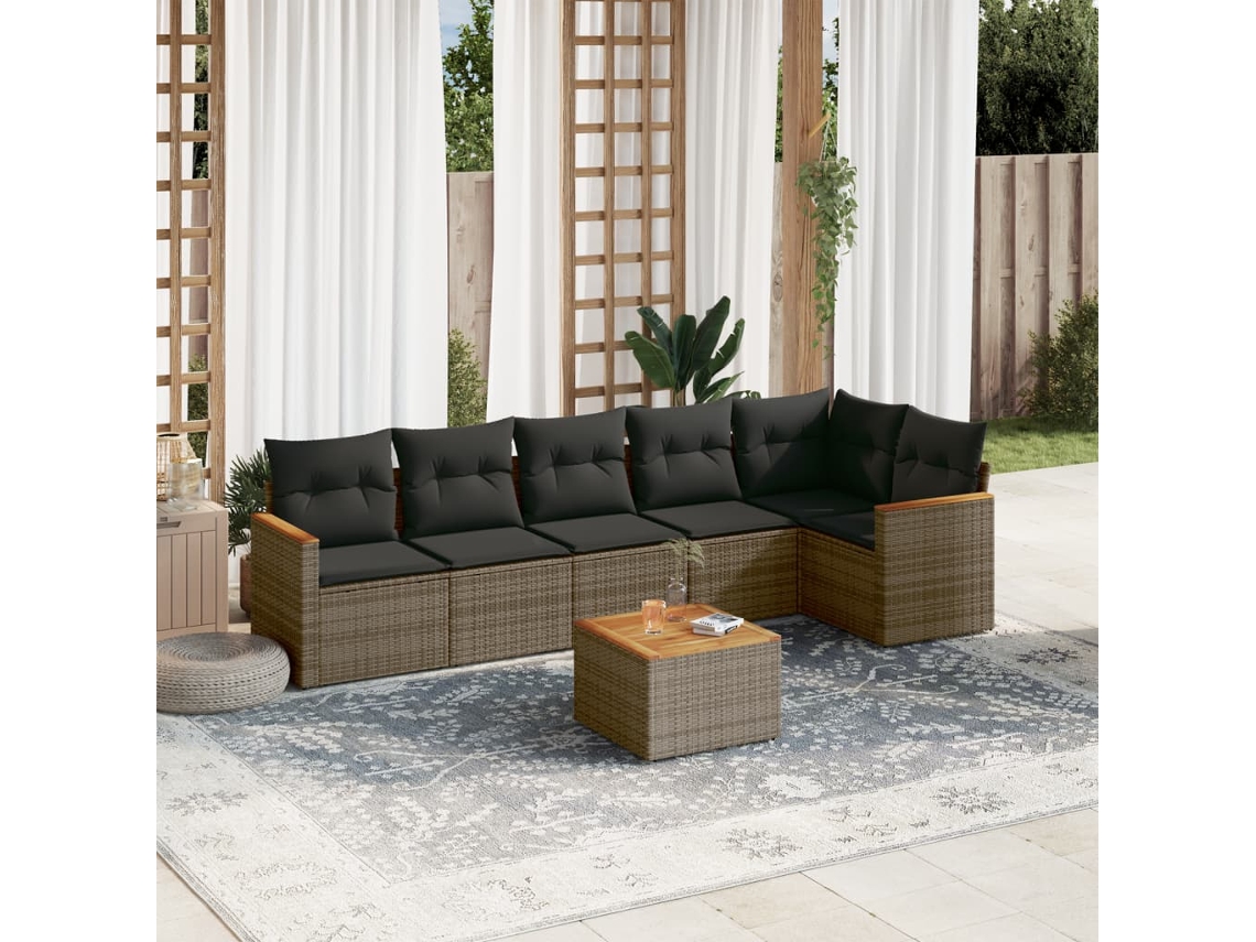 Vidaxl 7 Pcs Conjunto Sofás P/ Jardim C/ Almofadões Vime Pe Cinzento