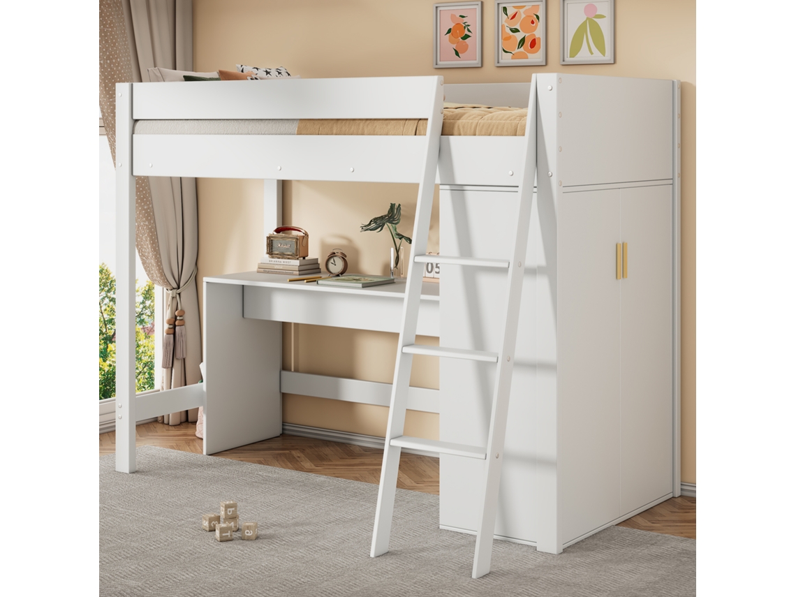 Beliche Infantil Multifuncional Com Escada, Mesa E Guarda-roupa, Combinável, Sem Colchão, Maciço Branco 90x200 Cm.