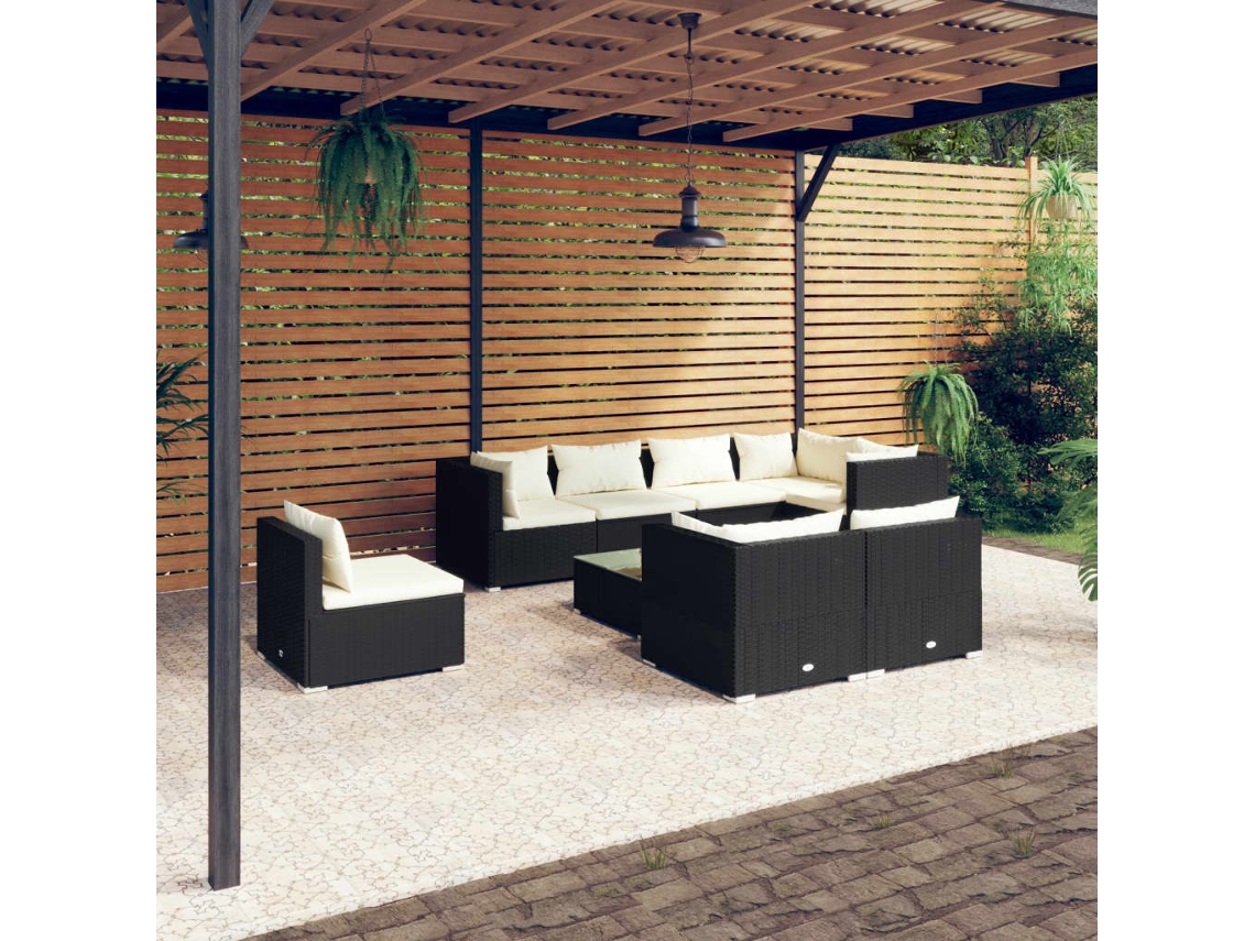 Vidaxl 9 Pcs Conjunto Lounge De Jardim C/ Almofadões Vime Pe Preto
