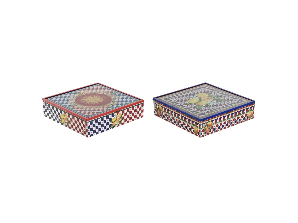 Caixa para Infusões HOME ESPRIT Azul Vermelho Multicolor Metal Cristal Madeira MDF 24 x 24 x 6,5 cm (2 Unidades)
