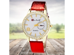 Relógio feminino de luxo casual com strass, movimento analógico de quartzo e pulseira de PU vermelha.
