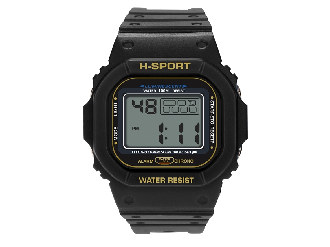 Relógio esportivo eletrônico quadrado com pulseira de PVC luminosa e à prova d'água - Preto