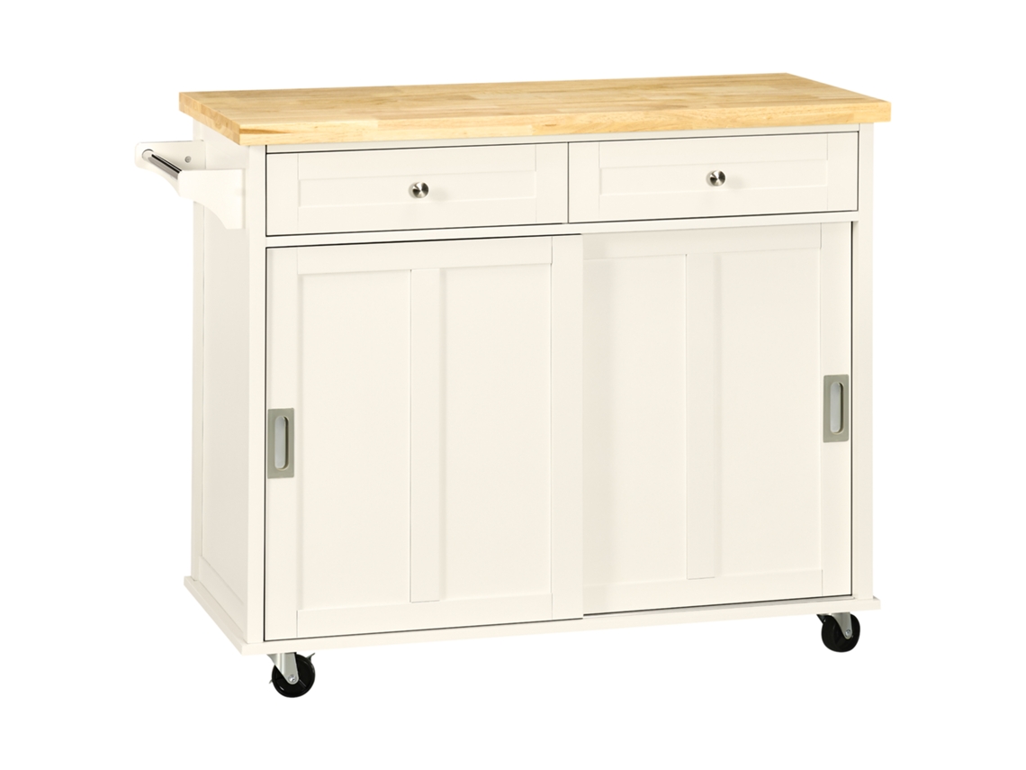 Carrinho de Cozinha PROFESIA BOYANG com 2 armários, porta corrediça, 2 gavetas, barra para panos, rodas (110x49,5x89,5 cm) creme