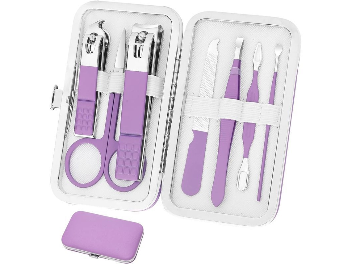 Kit de Manicure Portátil com 8 Ferramentas, Inox Cirúrgico, Ideal para Viagens, Cor Roxa