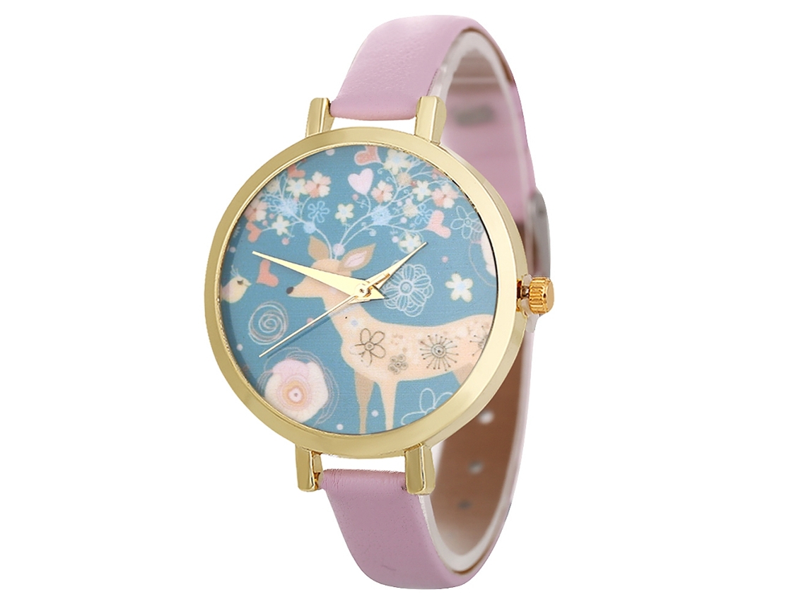 Relógio de Pulso Feminino de Moda com Pulseira Pu, Mostrador Redondo, Quartzo, Rosa