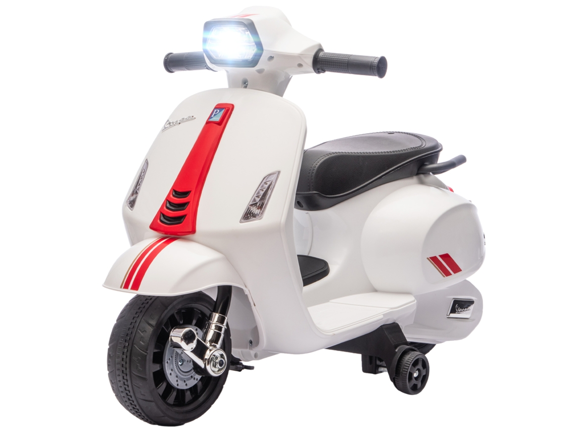 Mota Elétrica Para Crianças 6v Com Licença Vespa Rodas Auxiliares Velocidade De 2,5km/h Farol E Buzina 71x37x52 Cm Branco