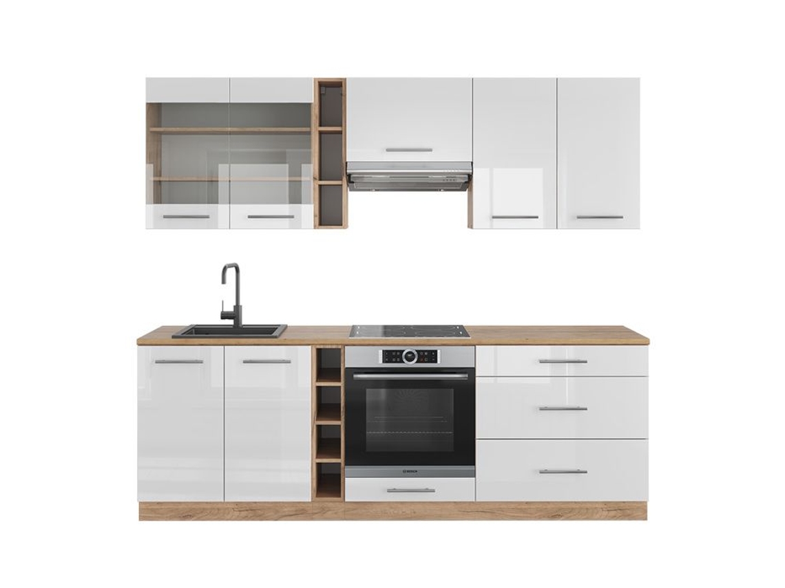 Cozinha Fame-Line, 235 cm, Carvalho PT, Branco brilhante/Carvalho dourado VICCO