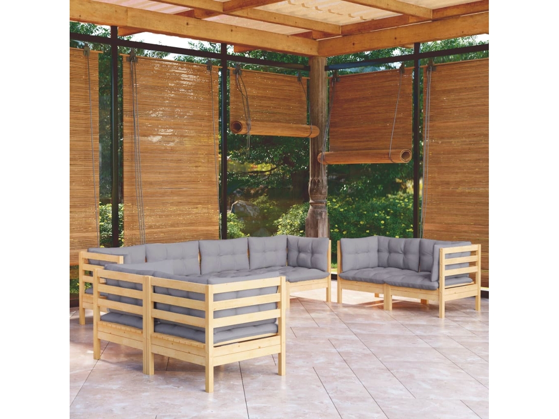Vidaxl 8pcs Conjunto Lounge De Jardim C/ Almofadões Cinza Pinho Maciço
