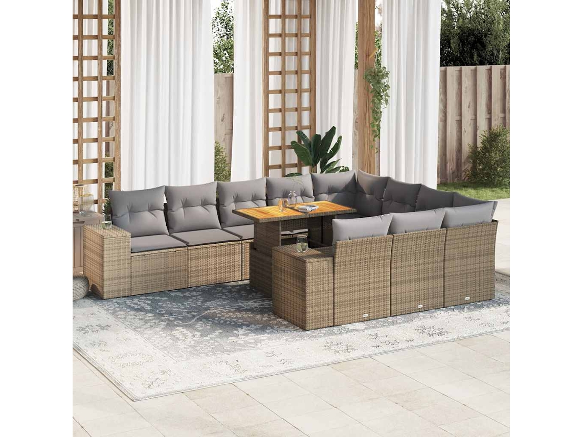 Vidaxl 10 Pcs Conj. Sofás P/ Jardim C/ Almofadões Vime Pe/acácia Bege