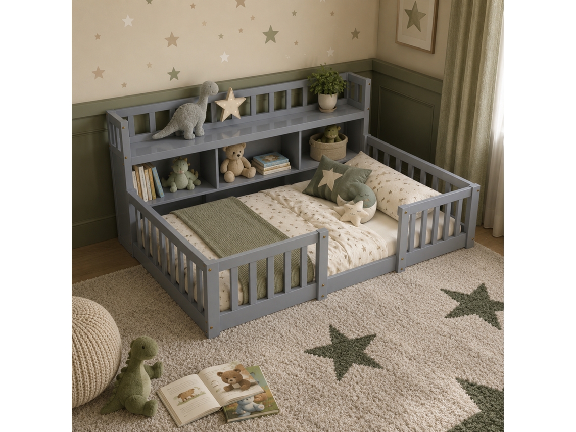 Cama Montessori Baixa Ao Solo 90 X 200 Cm, Cama Infantil Grey Com Barreiras De Segurança Anti-queda E Estante Integrada, Cama Individual, Grey