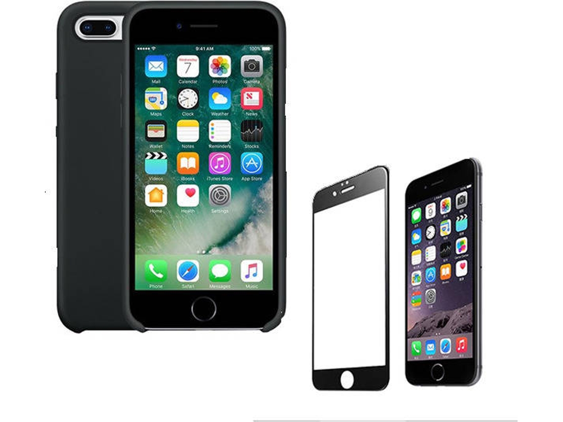 Kit Capa + Película Vidro 5D Full Cover iPhone 7 Plus, 8 Plus Silicone Preto