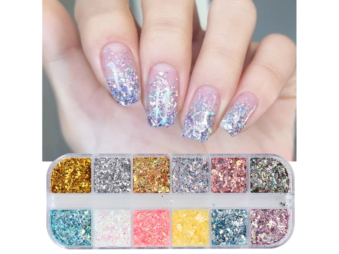 Caixa com 12 folhas de adesivos para unhas com efeito de verão irregular, lisos, dourados e prateados, para manicure faça você mesma. Ideal para decoração e beleza.