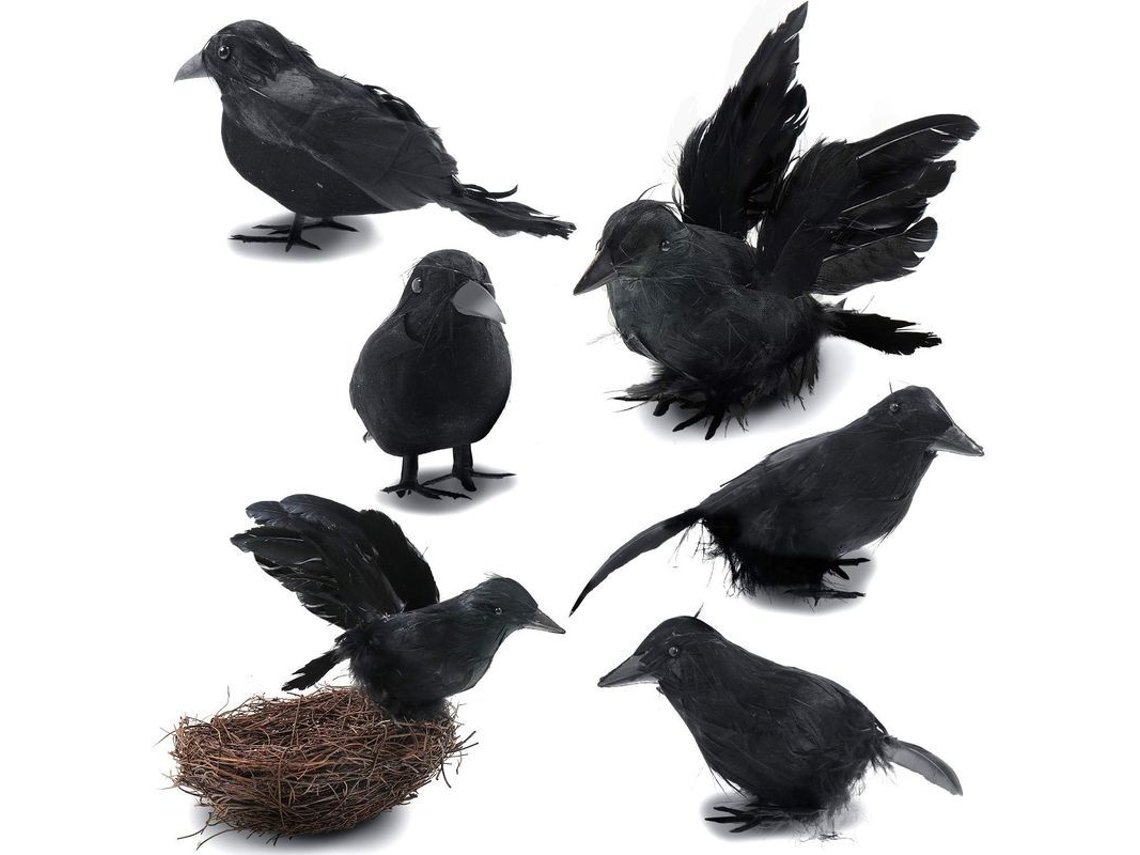 6 corvos de penas LINJOU para decoração de Halloween, 3 estilos