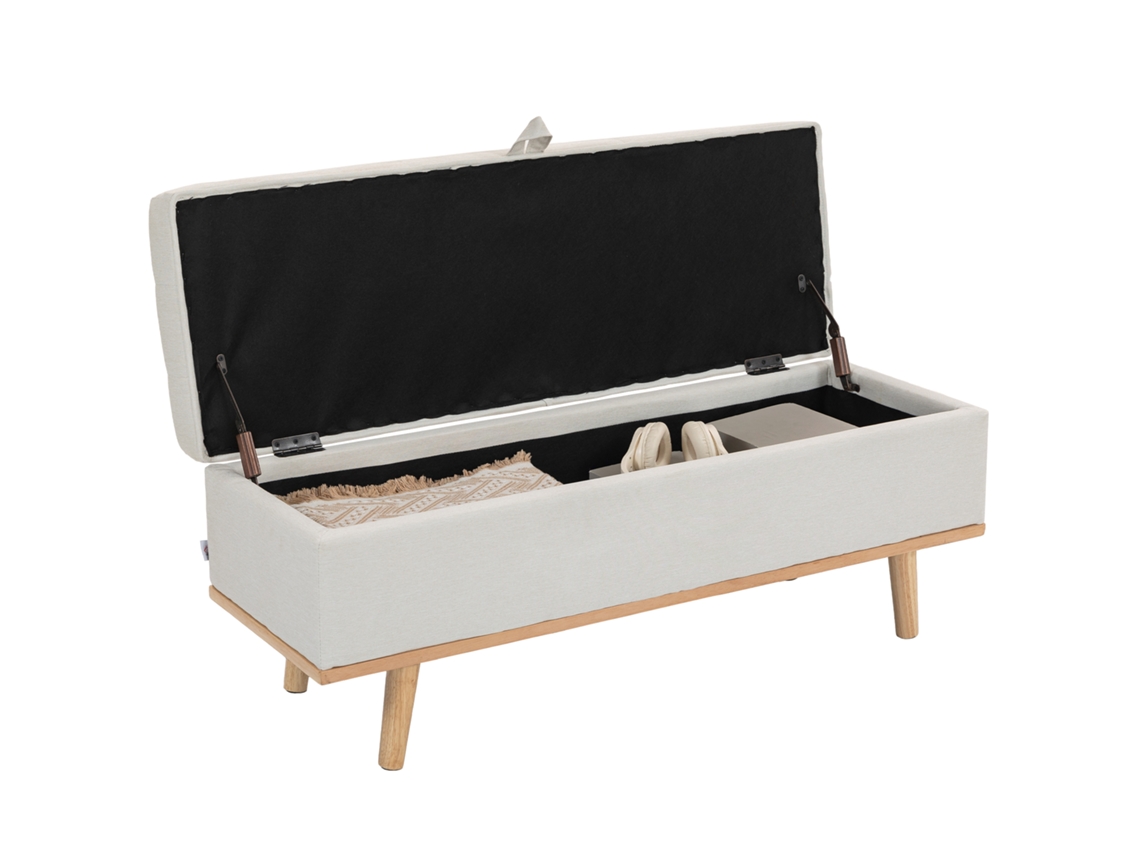 Baú 80l Tecido Macio Pernas Madeira 118x42x45cm, Creme