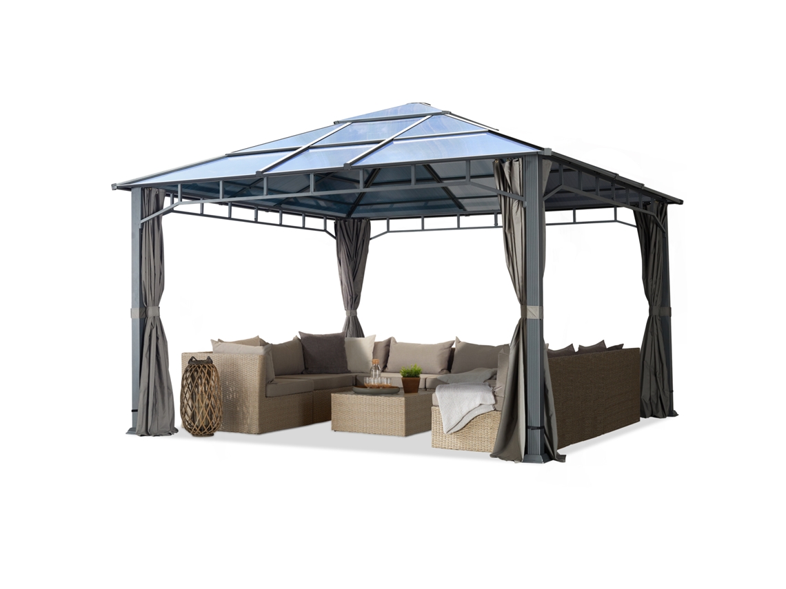 Gazebo De Jardim 4x4 M Em Alumínio, Teto Em Policarbonato Com Aprox. 8 Mm, 4 Cortinas Cinzentas Toolport