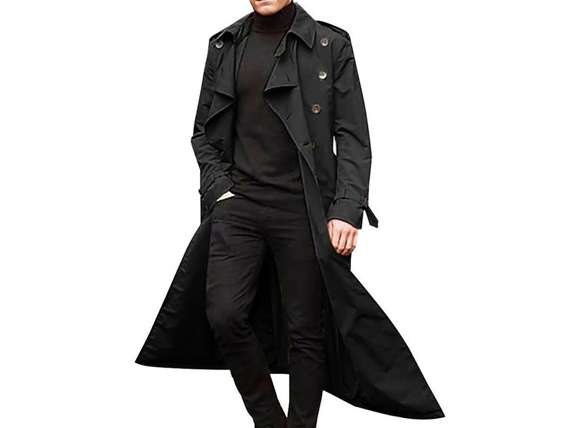 Casaco Longo De Trench Para Homem Com Lapela, Jaqueta De Sobrepor Simples, Roupa Exterior Preto