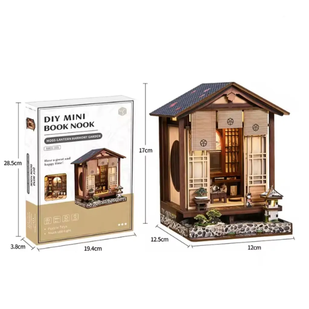 Kit de Modelo em Miniatura para Montar Casa de Bonecas em Estilo Japonês, Jardim Zen com Pátio Tranquilo e Cantinho de Leitura em Madeira. MDUG