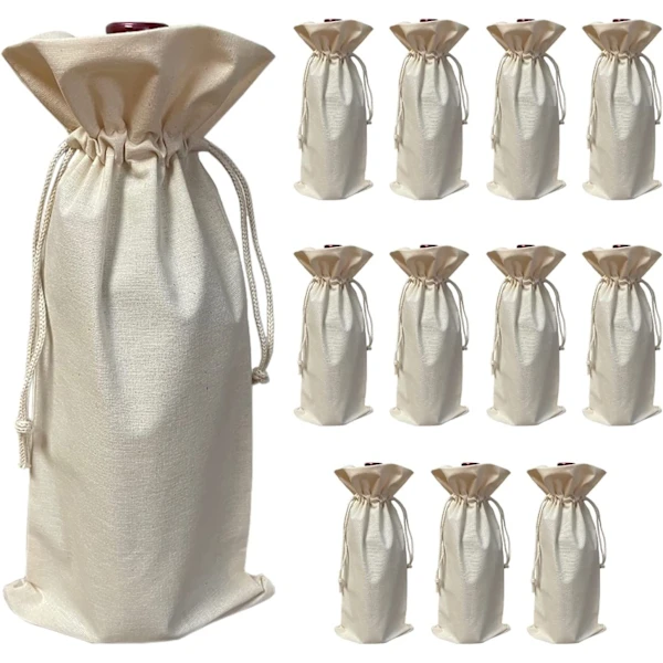 (pacote Com 12) Sacolas De Presente Para Garrafas De Vinho Em Lona De Algodão Natural Com Cordão