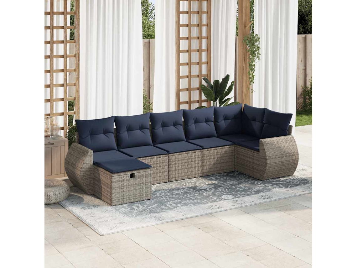 Vidaxl 7 Pcs Conjunto Sofás P/ Jardim C/ Almofadões Vime Pe Cinzento
