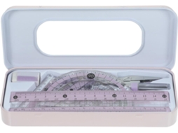 Conjunto de 7 peças de escrivaninha com régua triangular transparente e compasso de transferência, ideal para uso escolar e criativo.