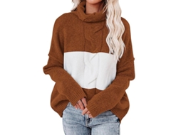 2026 suéter Casual Feminino Ilwhe de Manga Longa com Gola Alta e Design de Blocos de Cor
