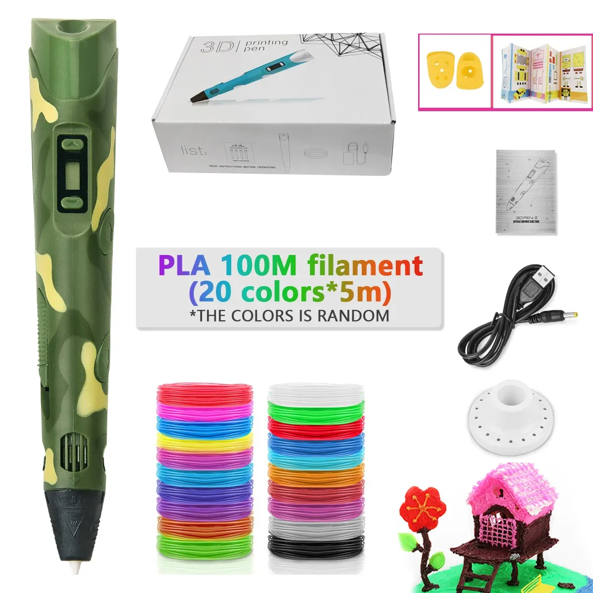 Caneta 3d Com 100 Metros De Filamento Pla E Protetor De Dedo(camuflagem)