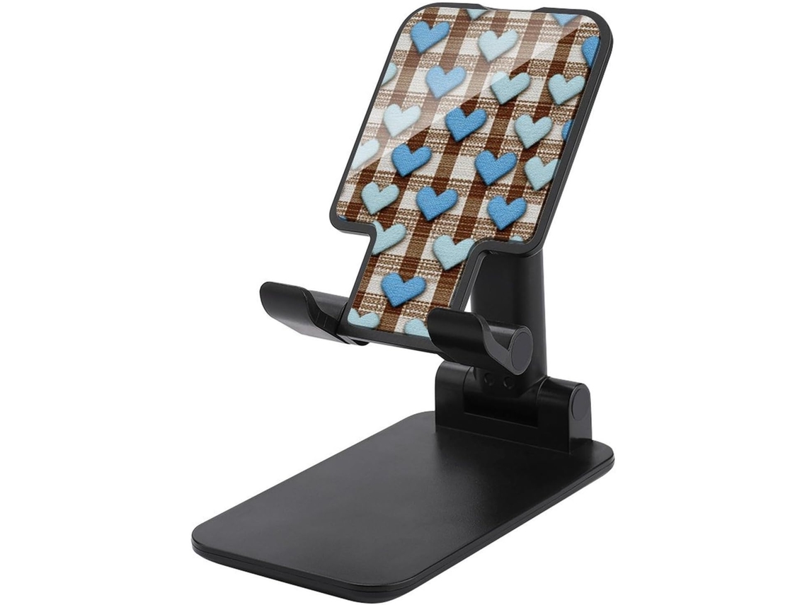 Suporte Dobrável E Ajustável Para Celular Em Formato De Coração, Na Cor Azul Sobre Tecido Listrado Marrom