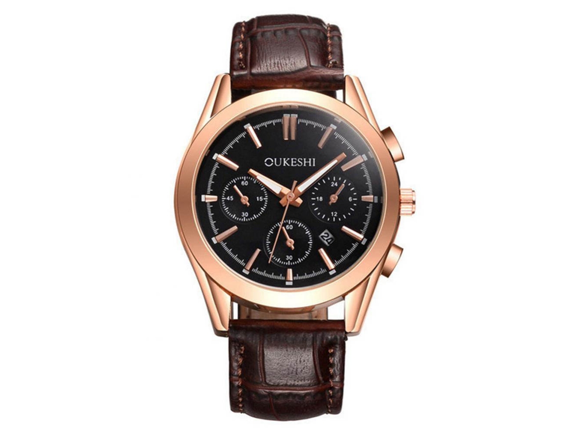 Relógio de pulso masculino analógico de quartzo com pulseira de PU, estilo casual luxuoso (marrom e preto)